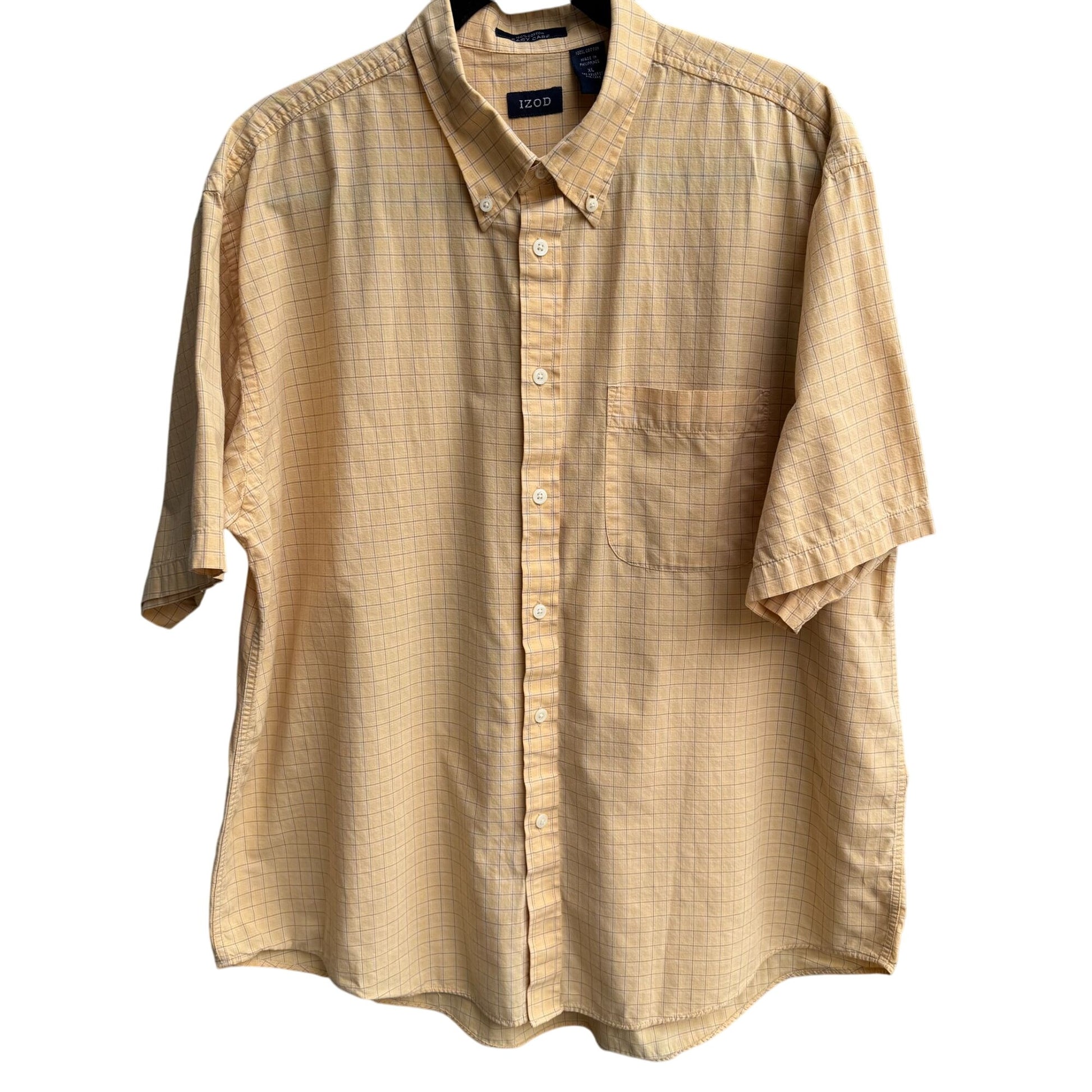 Izod Vintage Mens Short Sleeve Button-Down Preppy Yellow Plaid Cotton Shirt XL