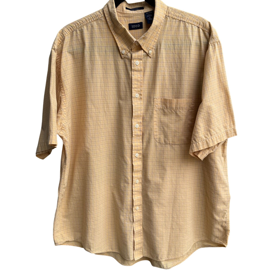 Izod Vintage Mens Short Sleeve Button-Down Preppy Yellow Plaid Cotton Shirt XL