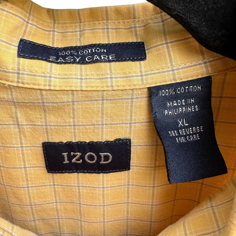 Izod Vintage Mens Short Sleeve Button-Down Preppy Yellow Plaid Cotton Shirt XL