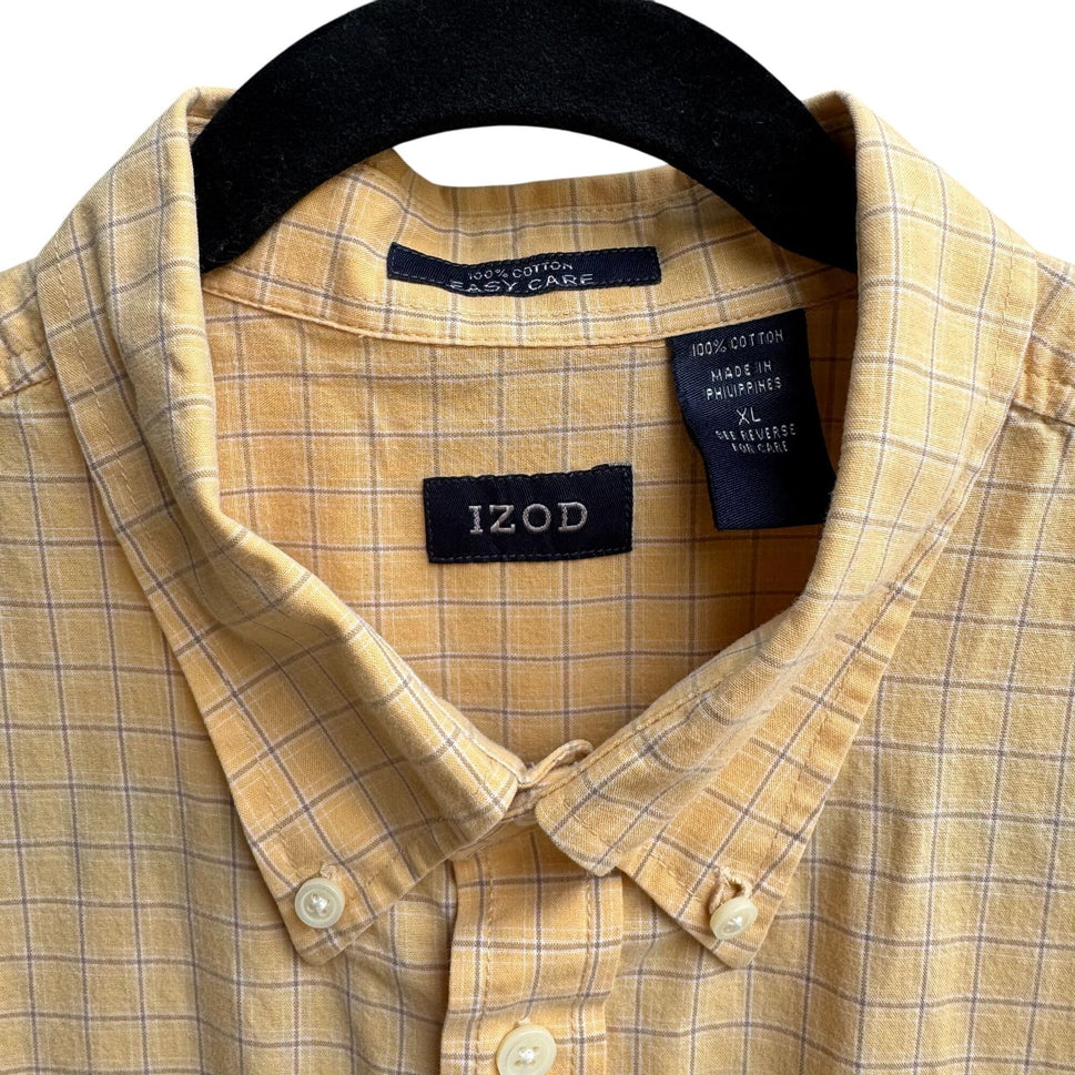 Izod Vintage Mens Short Sleeve Button-Down Preppy Yellow Plaid Cotton Shirt XL