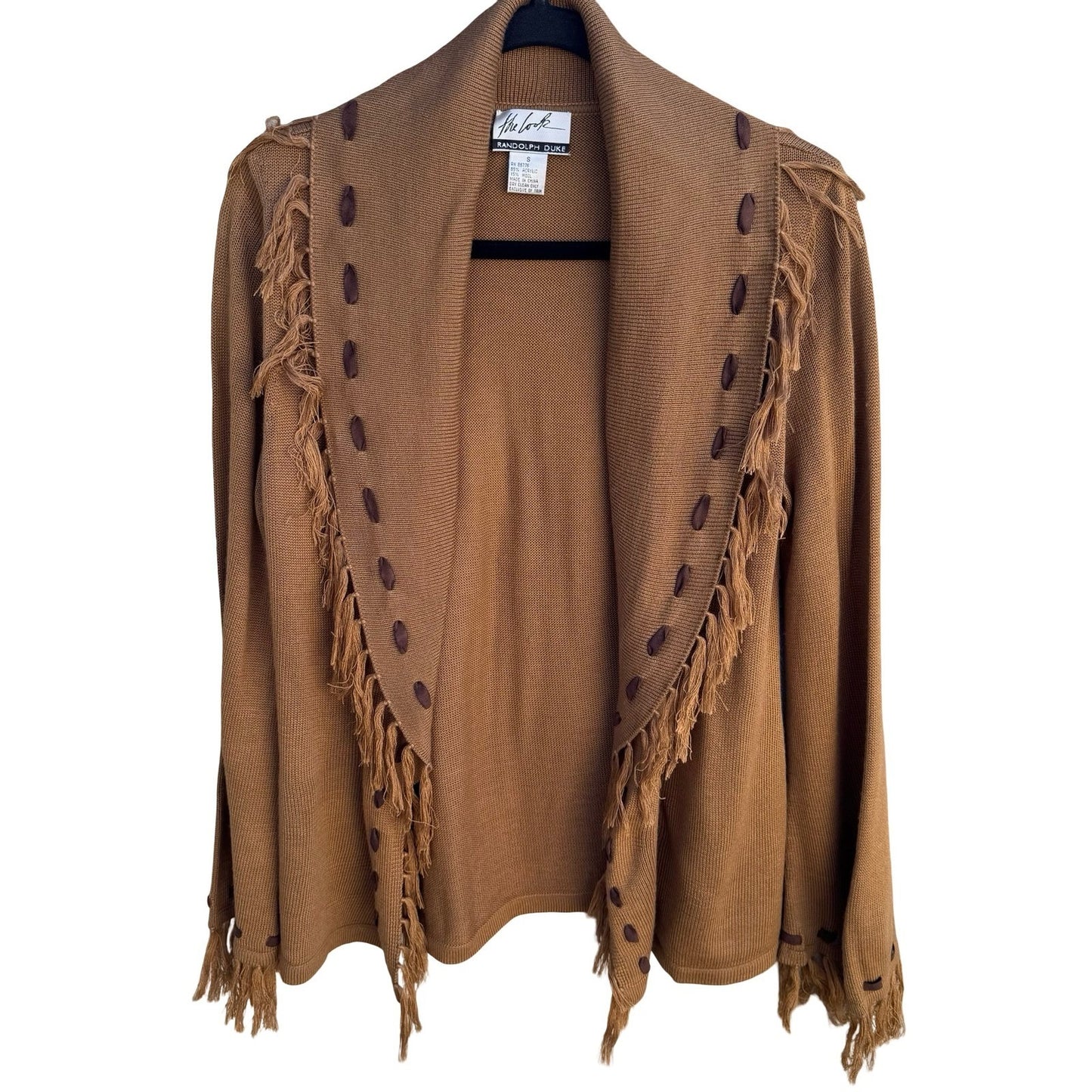 Randolph Duke Womens Camel Brown Fringe Whipstitch Open Front Cardigan Sweater S