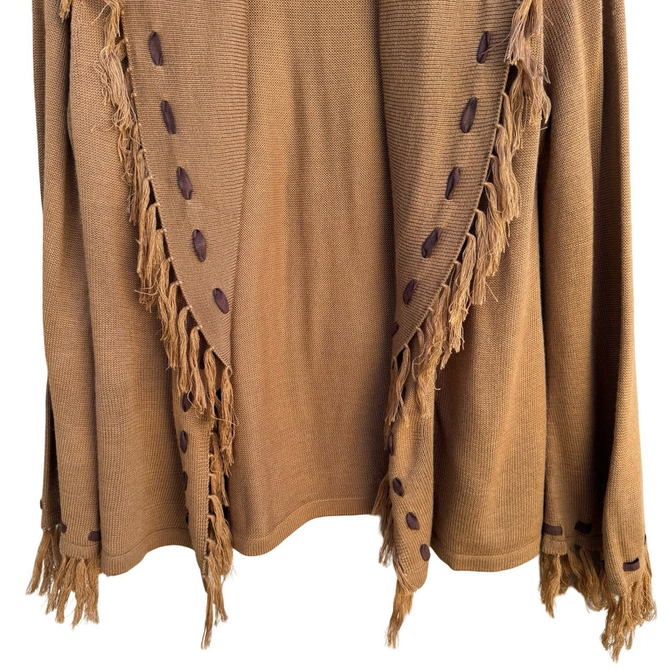 Randolph Duke Womens Camel Brown Fringe Whipstitch Open Front Cardigan Sweater S