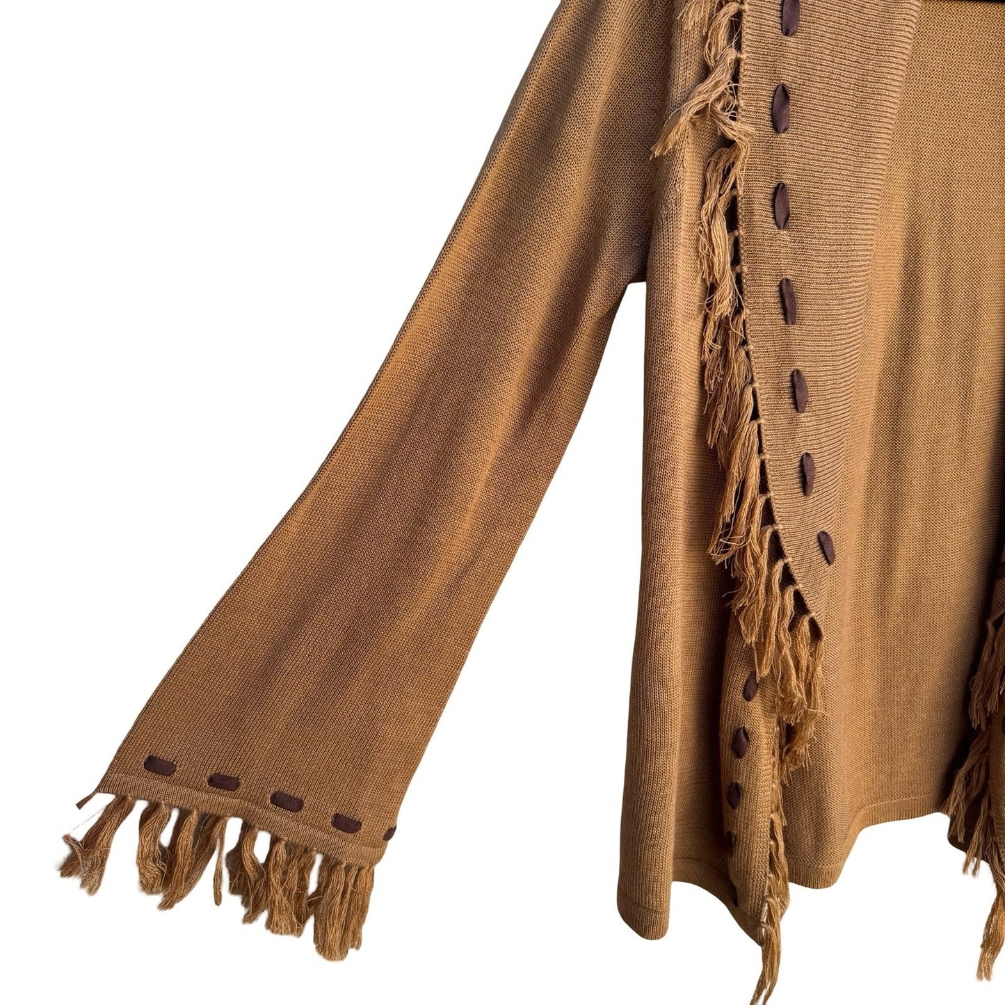 Randolph Duke Womens Camel Brown Fringe Whipstitch Open Front Cardigan Sweater S
