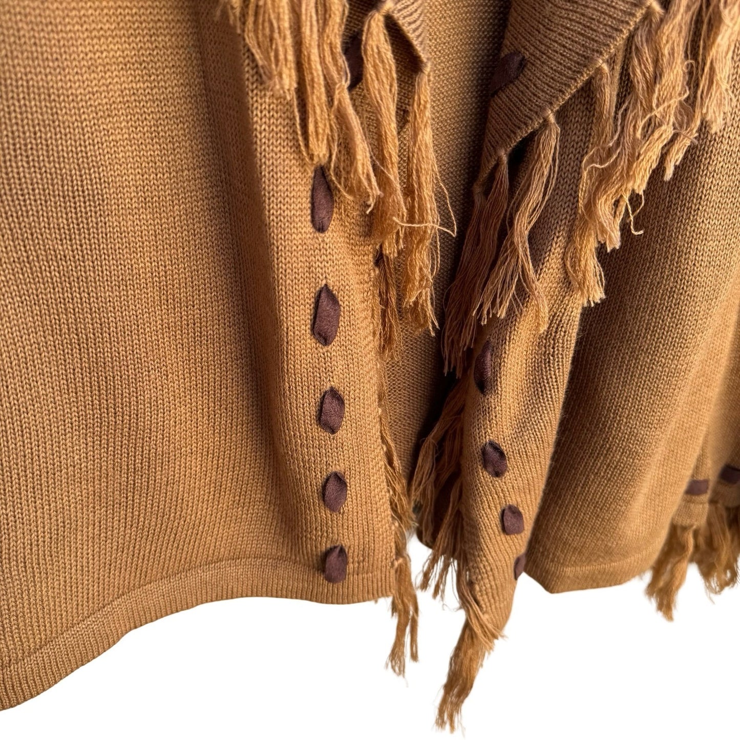 Randolph Duke Womens Camel Brown Fringe Whipstitch Open Front Cardigan Sweater S