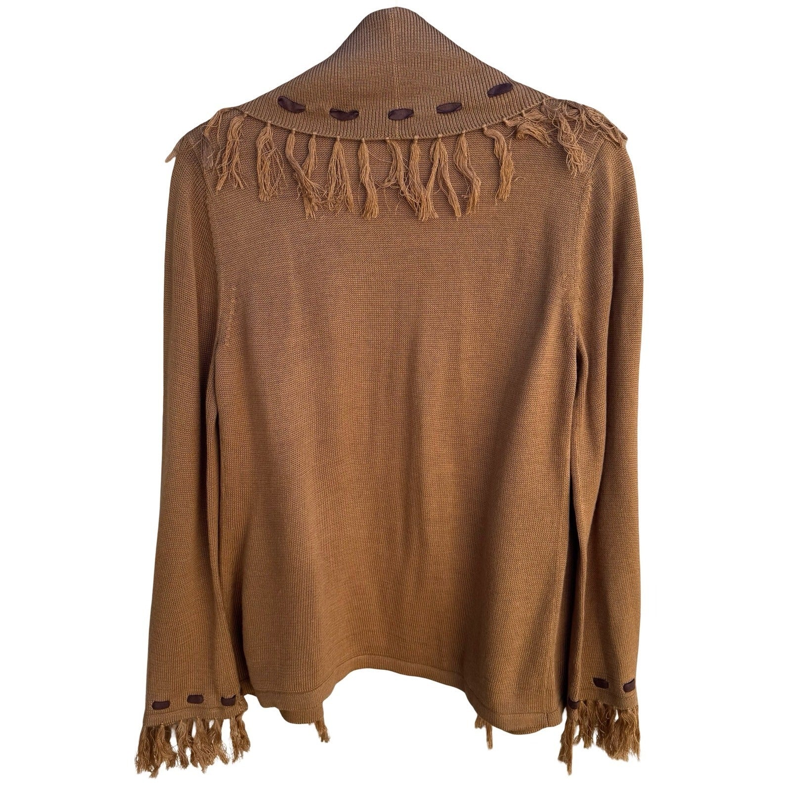 Randolph Duke Womens Camel Brown Fringe Whipstitch Open Front Cardigan Sweater S