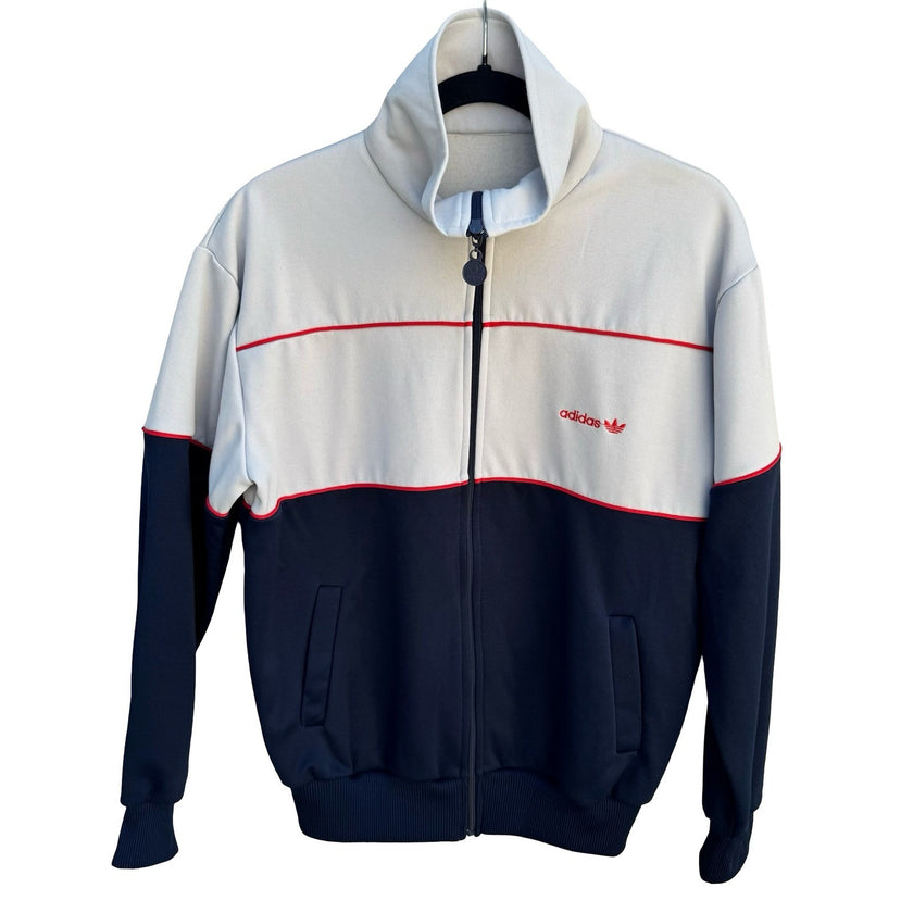 Adidas Vintage Track Jacket Cream Navy Blue Red Colorblock Trefoil Full Zip
