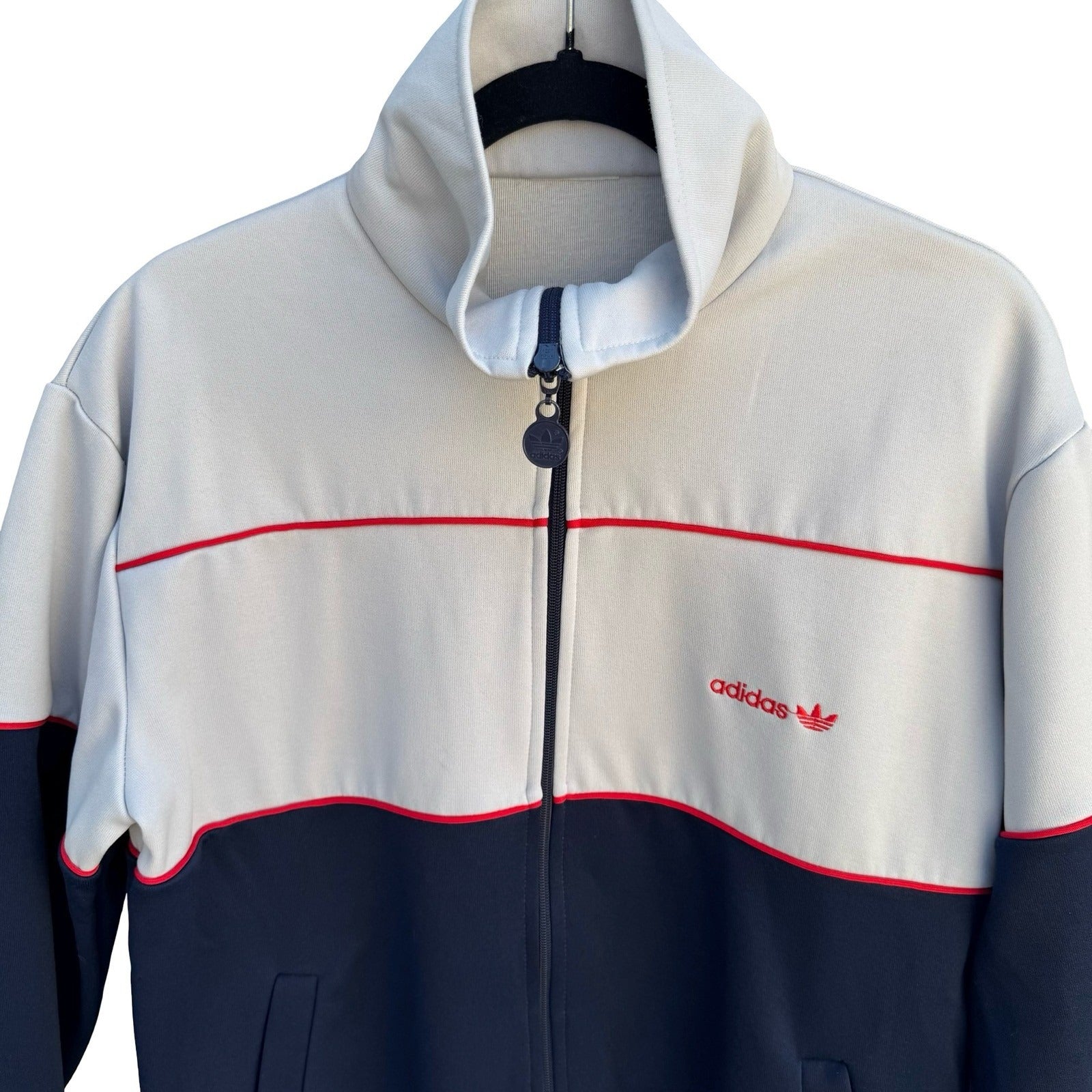 Adidas Vintage Track Jacket Cream Navy Blue Red Colorblock Trefoil Full Zip