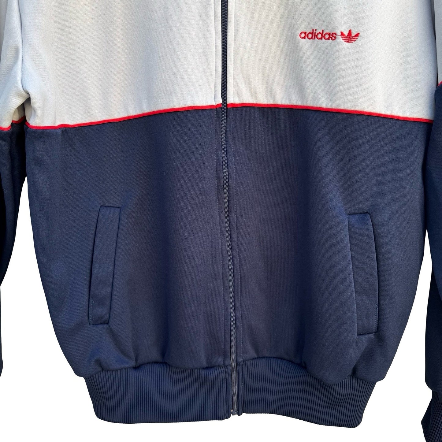 Adidas Vintage Track Jacket Cream Navy Blue Red Colorblock Trefoil Full Zip