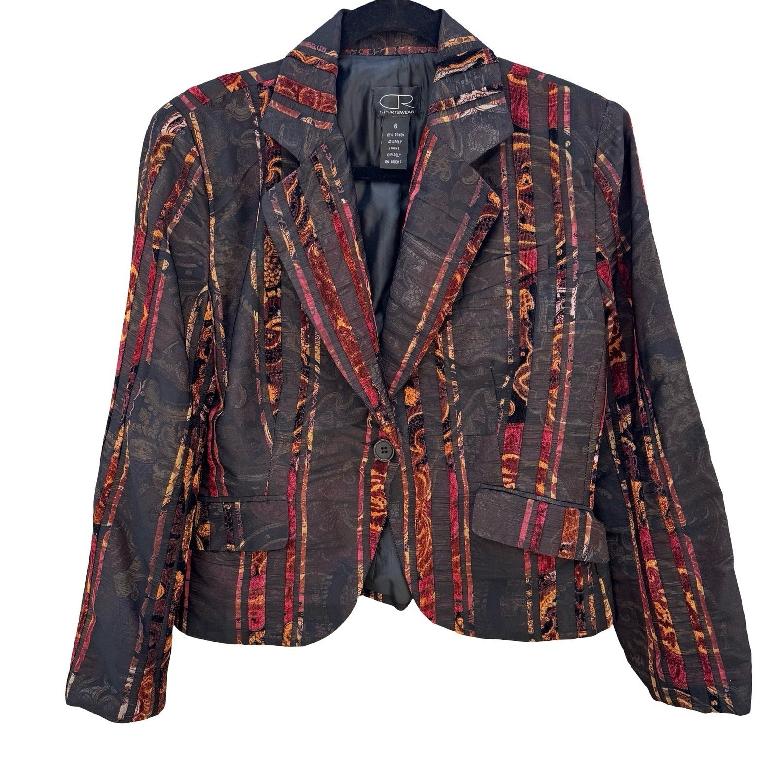 Donna Rae Sportswear Womens Black Burgundy Paisley Chenille Stripe Blazer Size 6