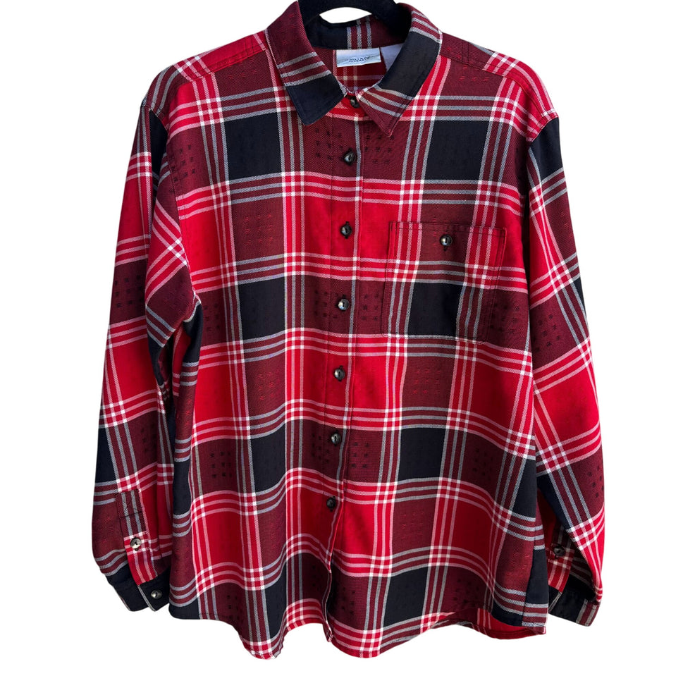 Monterey By Koret Vintage Red Black Plaid Button Down Textured Flannel Shirt XL