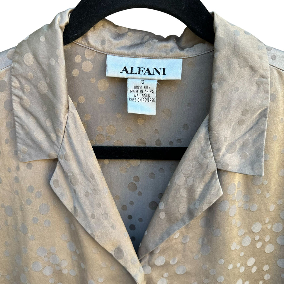 Alfani Vintage Womens Beige Polka Dot Button-Down Long Sleeve Silk Blouse 12