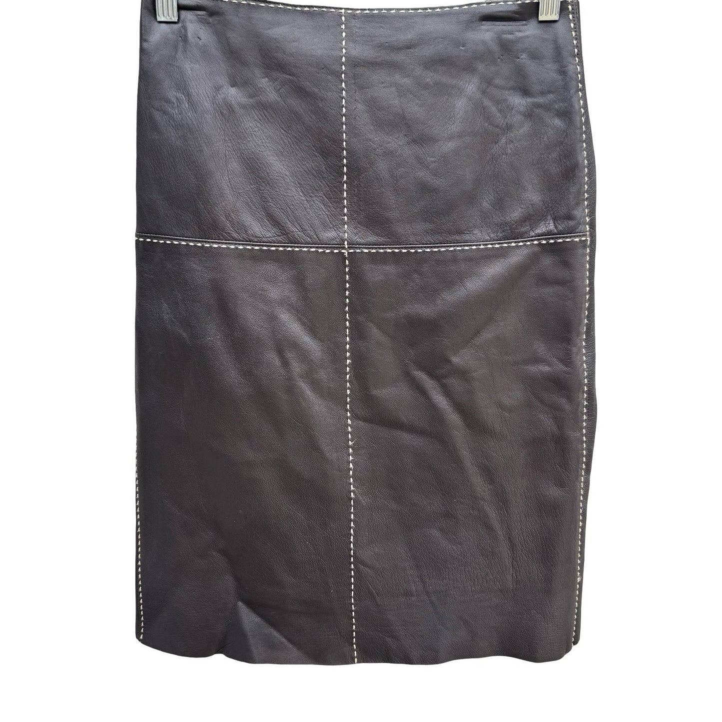 Poleci Vintage Y2K Edgy Leather Pencil Skirt Whipstitch Paneled Midi Skirt Brown