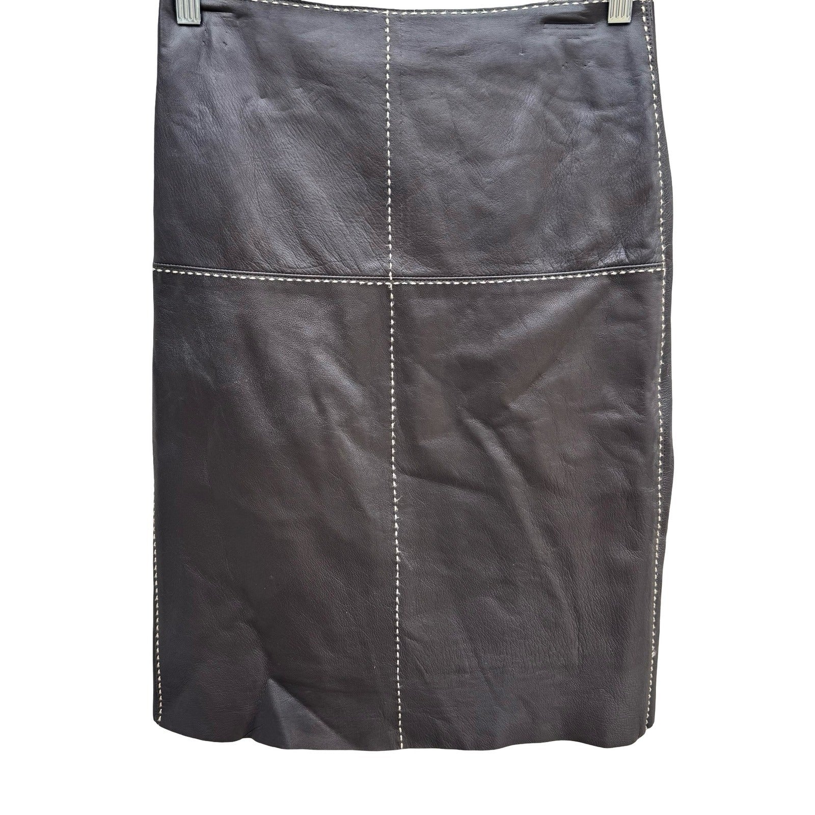 Poleci Vintage Y2K Edgy Leather Pencil Skirt Whipstitch Paneled Midi Skirt Brown