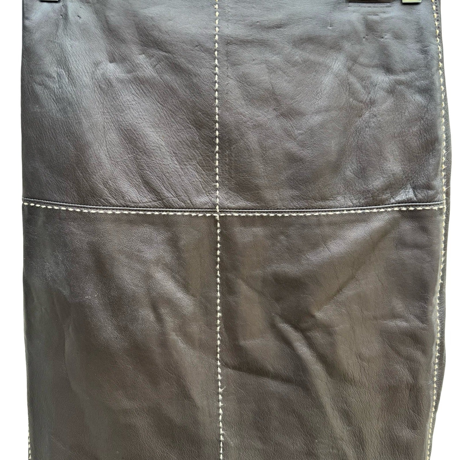 Poleci Vintage Y2K Edgy Leather Pencil Skirt Whipstitch Paneled Midi Skirt Brown