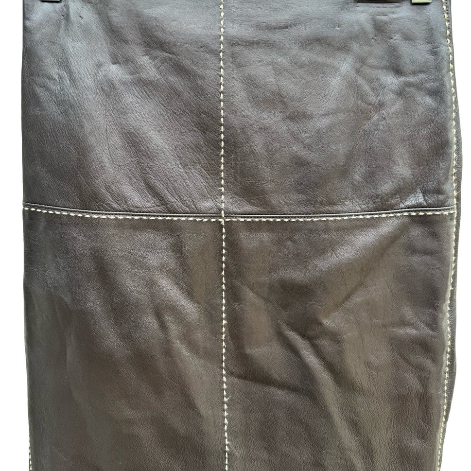 Poleci Vintage Y2K Edgy Leather Pencil Skirt Whipstitch Paneled Midi Skirt Brown