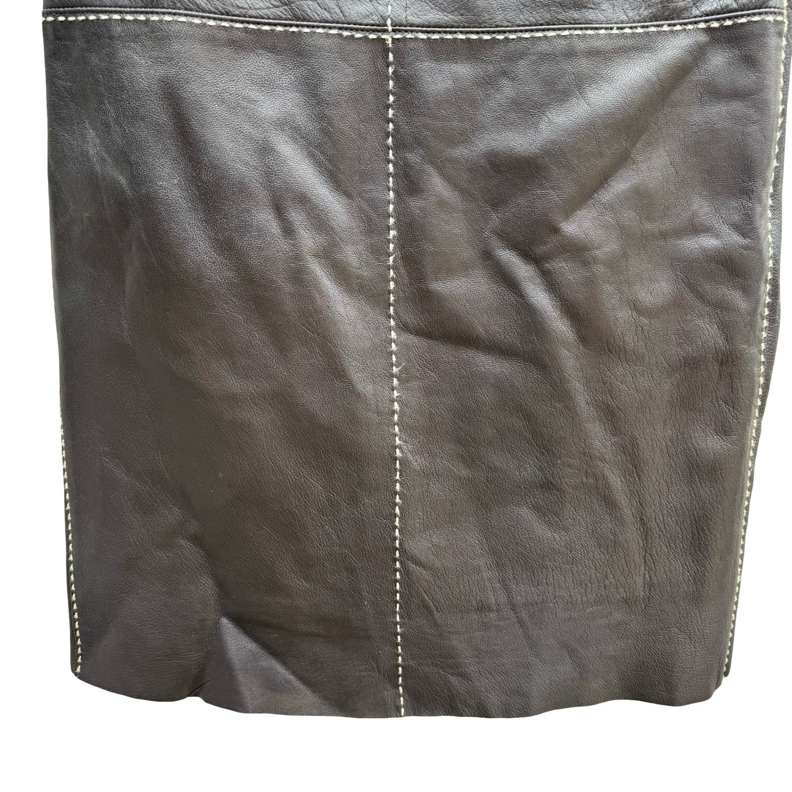 Poleci Vintage Y2K Edgy Leather Pencil Skirt Whipstitch Paneled Midi Skirt Brown