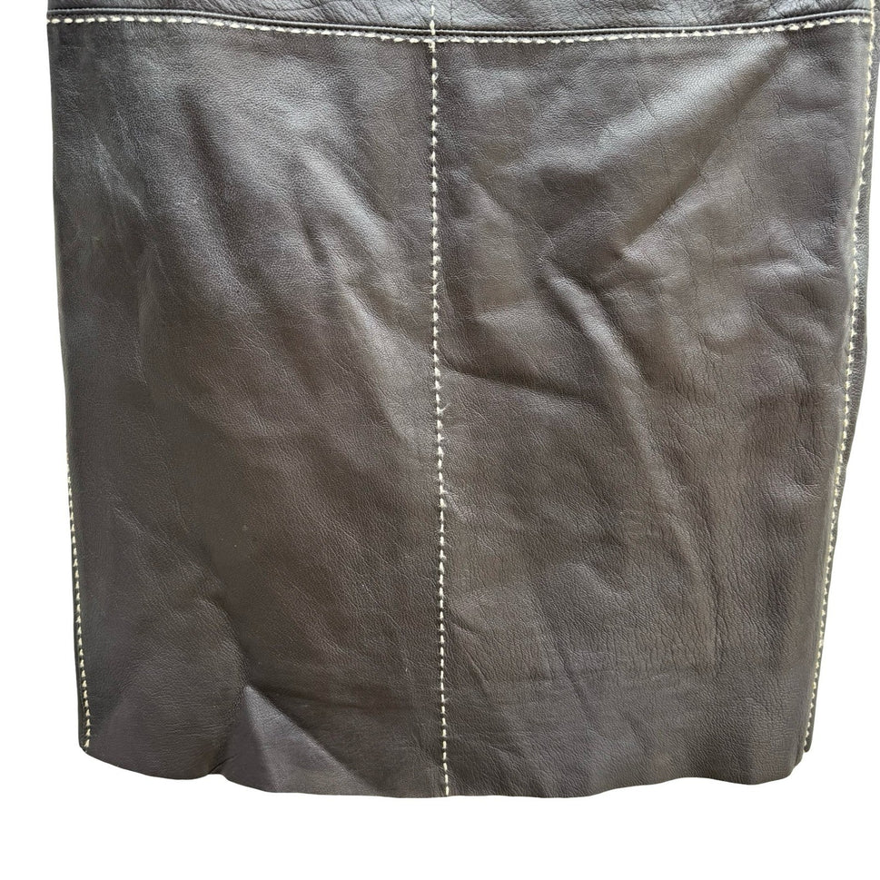 Poleci Vintage Y2K Edgy Leather Pencil Skirt Whipstitch Paneled Midi Skirt Brown