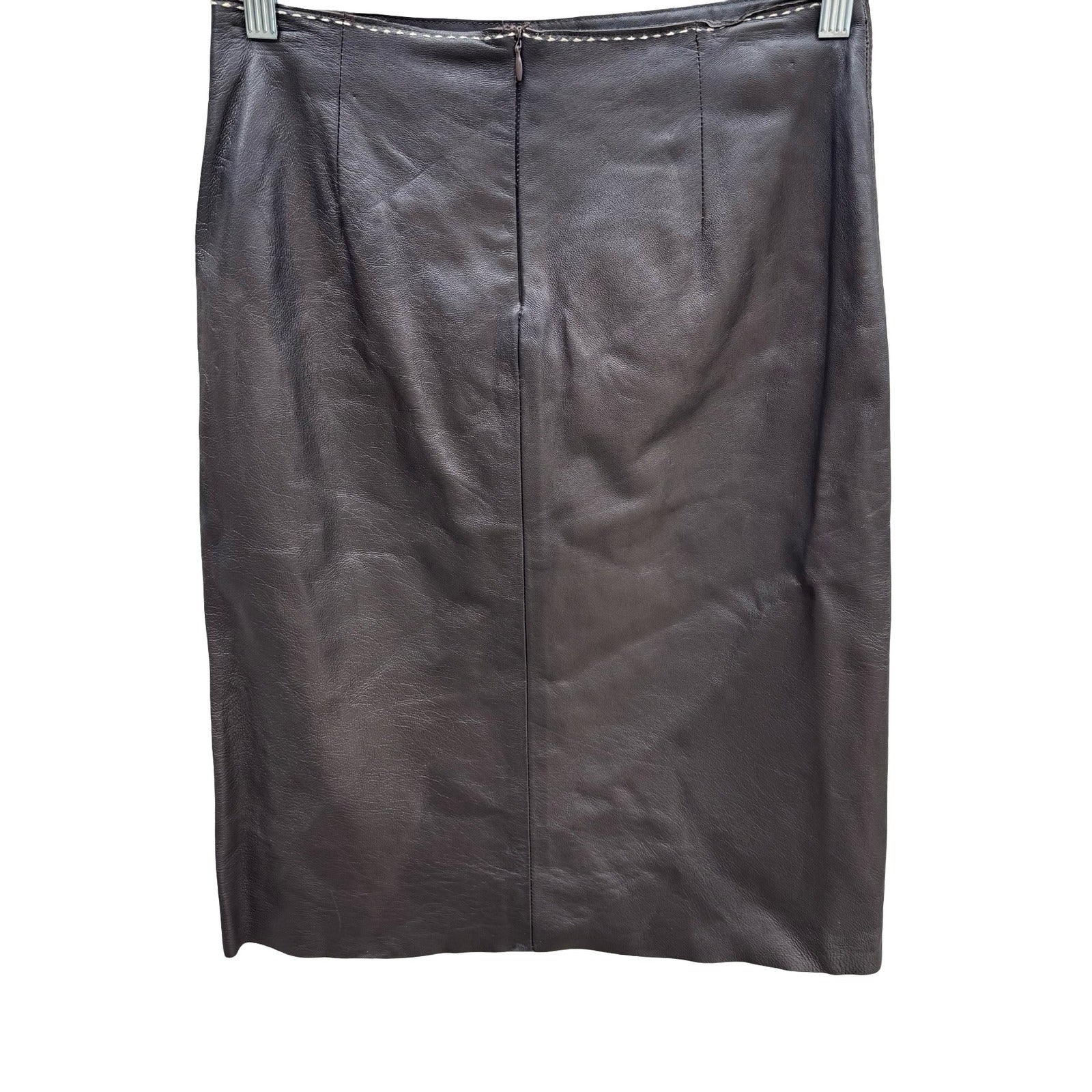 Poleci Vintage Y2K Edgy Leather Pencil Skirt Whipstitch Paneled Midi Skirt Brown
