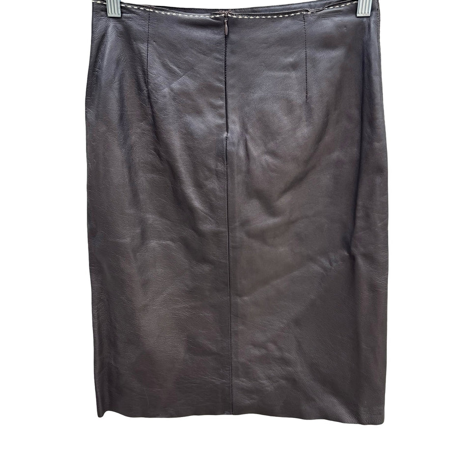 Poleci Vintage Y2K Edgy Leather Pencil Skirt Whipstitch Paneled Midi Skirt Brown