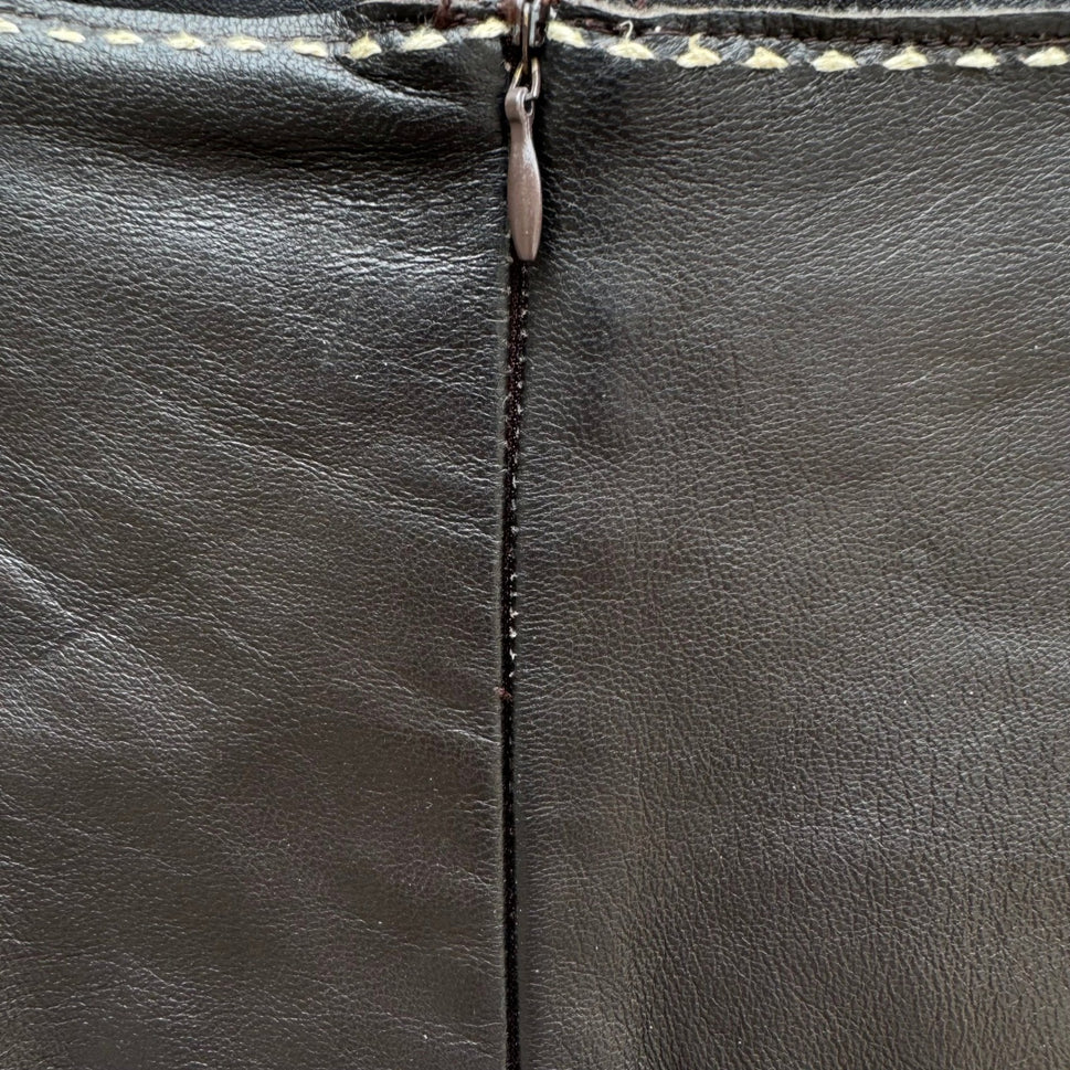 Poleci Vintage Y2K Edgy Leather Pencil Skirt Whipstitch Paneled Midi Skirt Brown