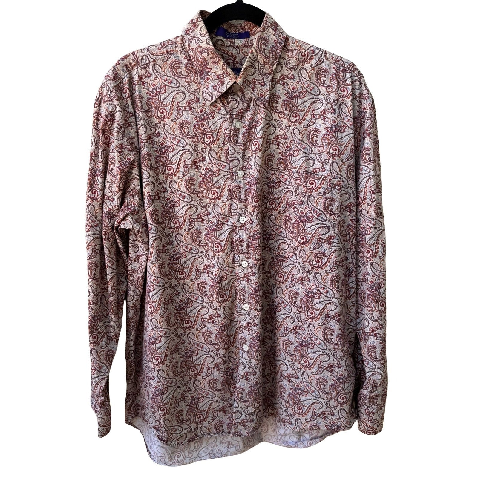 Alan Flusser 90s Style Boho Academic Paisley Earthy Preppy Cotton Shirt Mens L