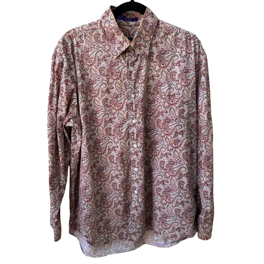 Alan Flusser 90s Style Boho Academic Paisley Earthy Preppy Cotton Shirt Mens L