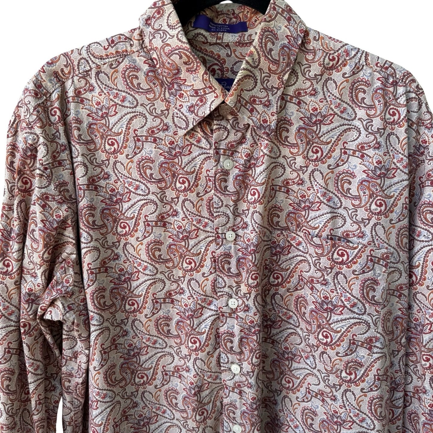 Alan Flusser 90s Style Boho Academic Paisley Earthy Preppy Cotton Shirt Mens L