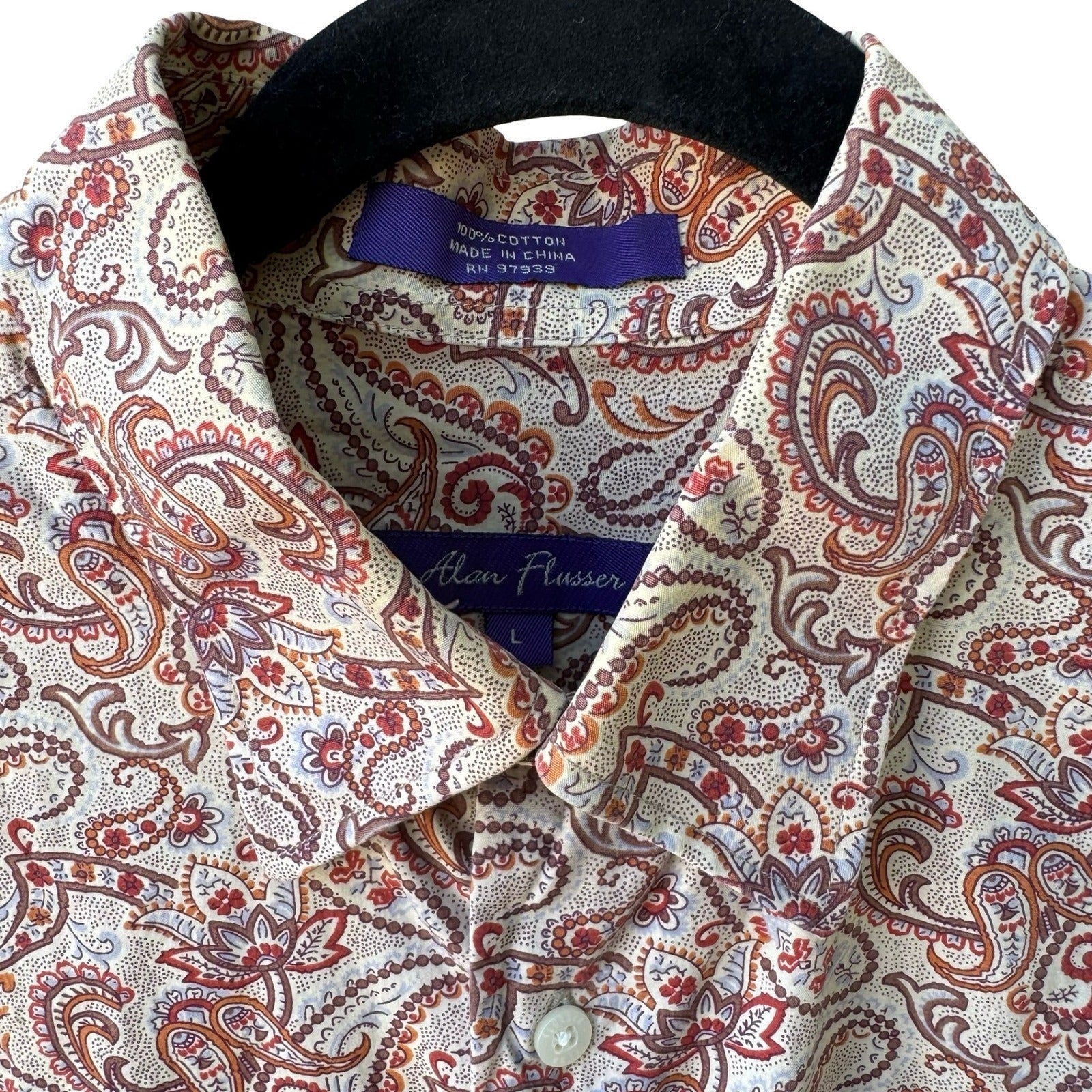 Alan Flusser 90s Style Boho Academic Paisley Earthy Preppy Cotton Shirt Mens L