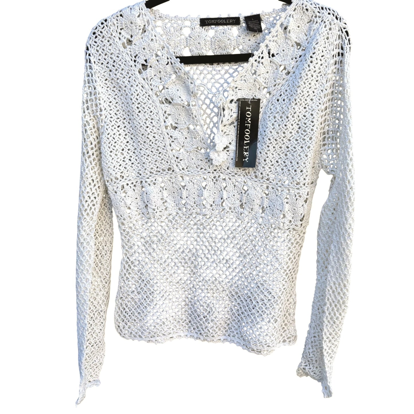 Tomfoolery Crochet Boho Festival Open Knit Long Sleeve Sheer White Blouse L New
