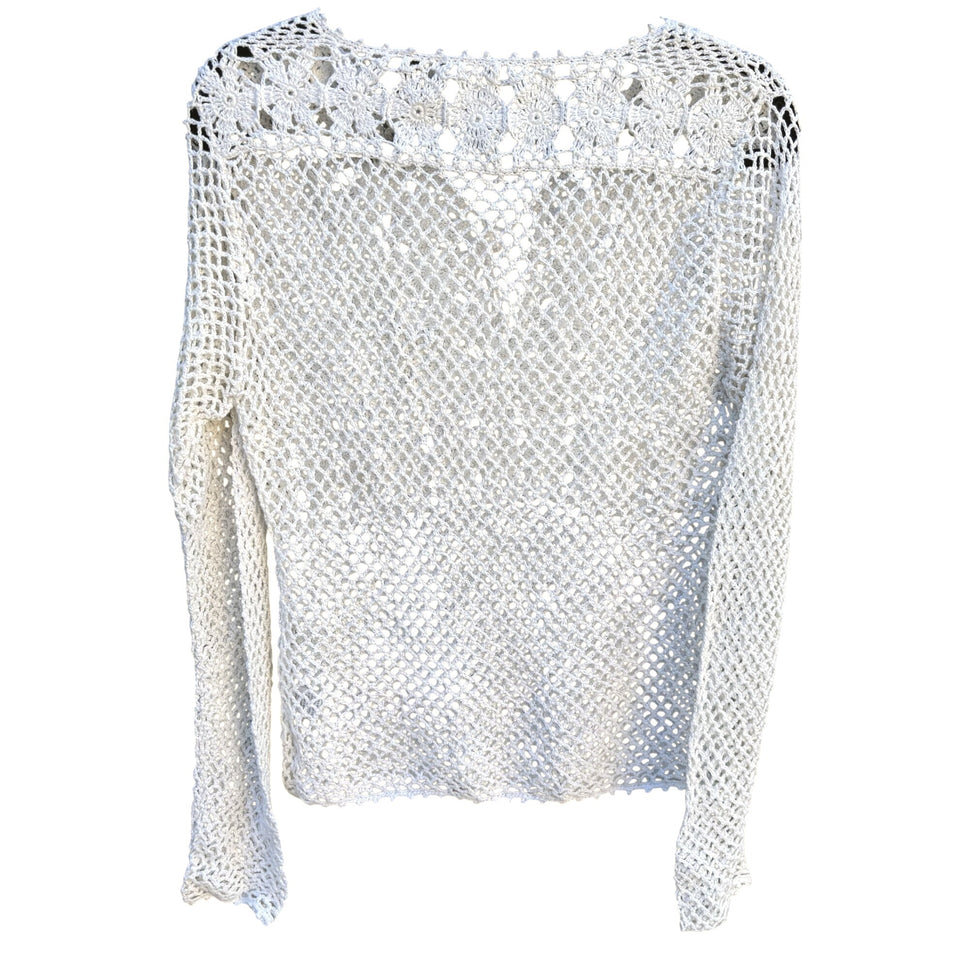 Tomfoolery Crochet Boho Festival Open Knit Long Sleeve Sheer White Blouse L New