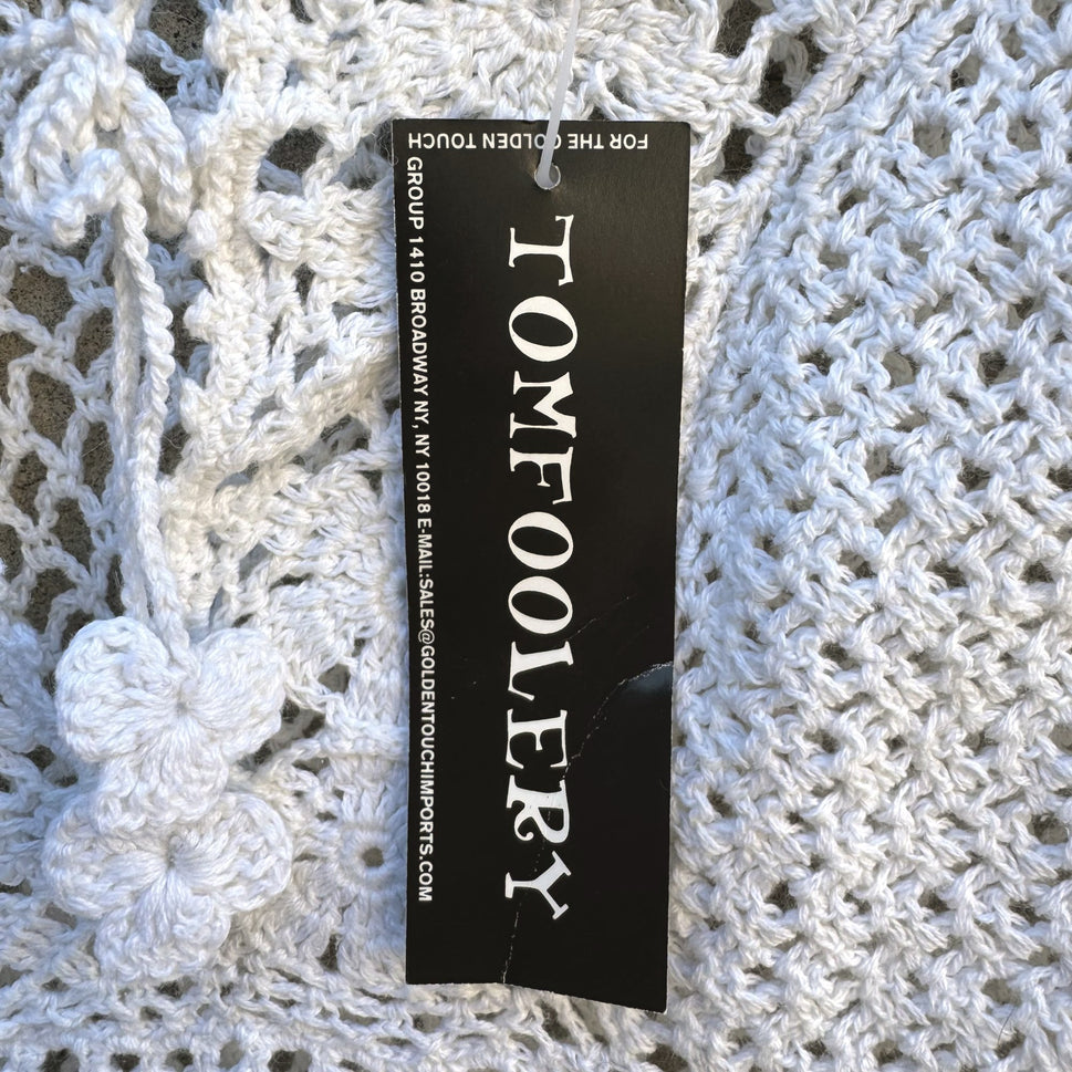 Tomfoolery Crochet Boho Festival Open Knit Long Sleeve Sheer White Blouse L New