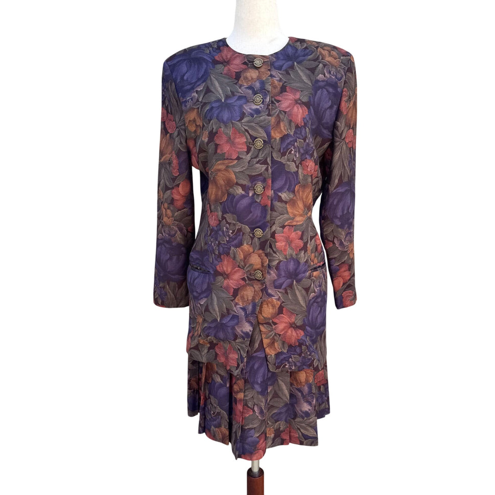 Toni Garment CC Magic Vintage Floral Button Up Pleated Jewel Tone Blazer Skirt S