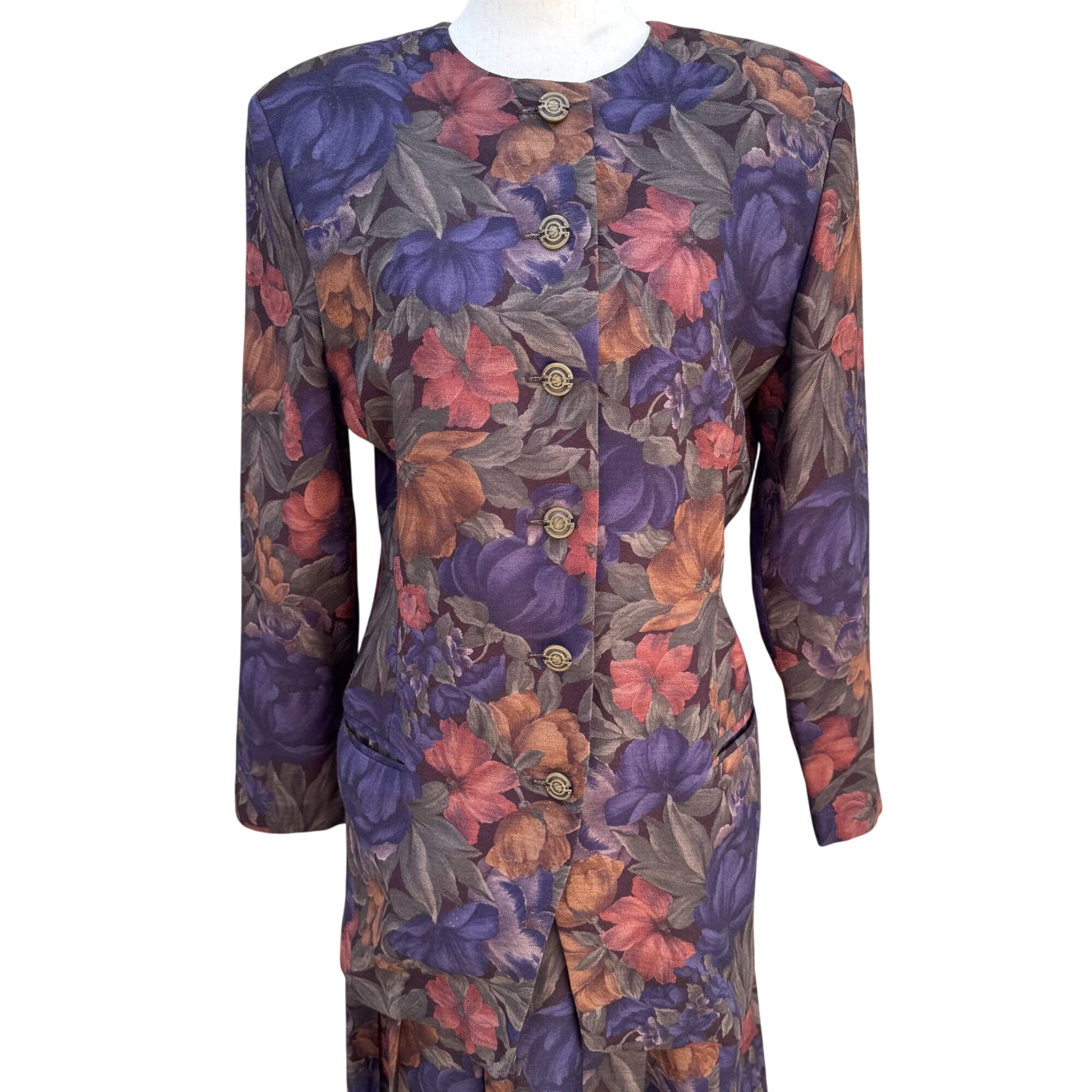 Toni Garment CC Magic Vintage Floral Button Up Pleated Jewel Tone Blazer Skirt S