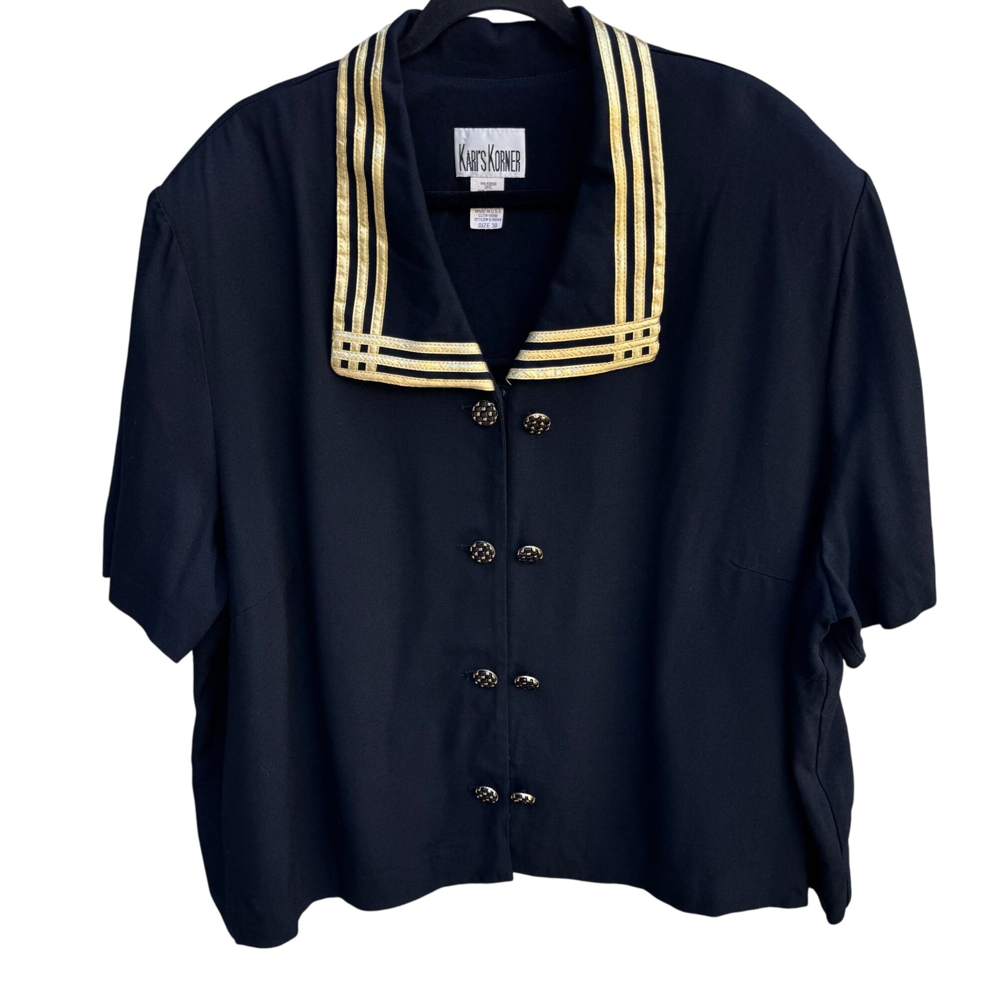 Karis Korner Vintage Womens Black Gold Collar Double Breasted Button Blouse 30