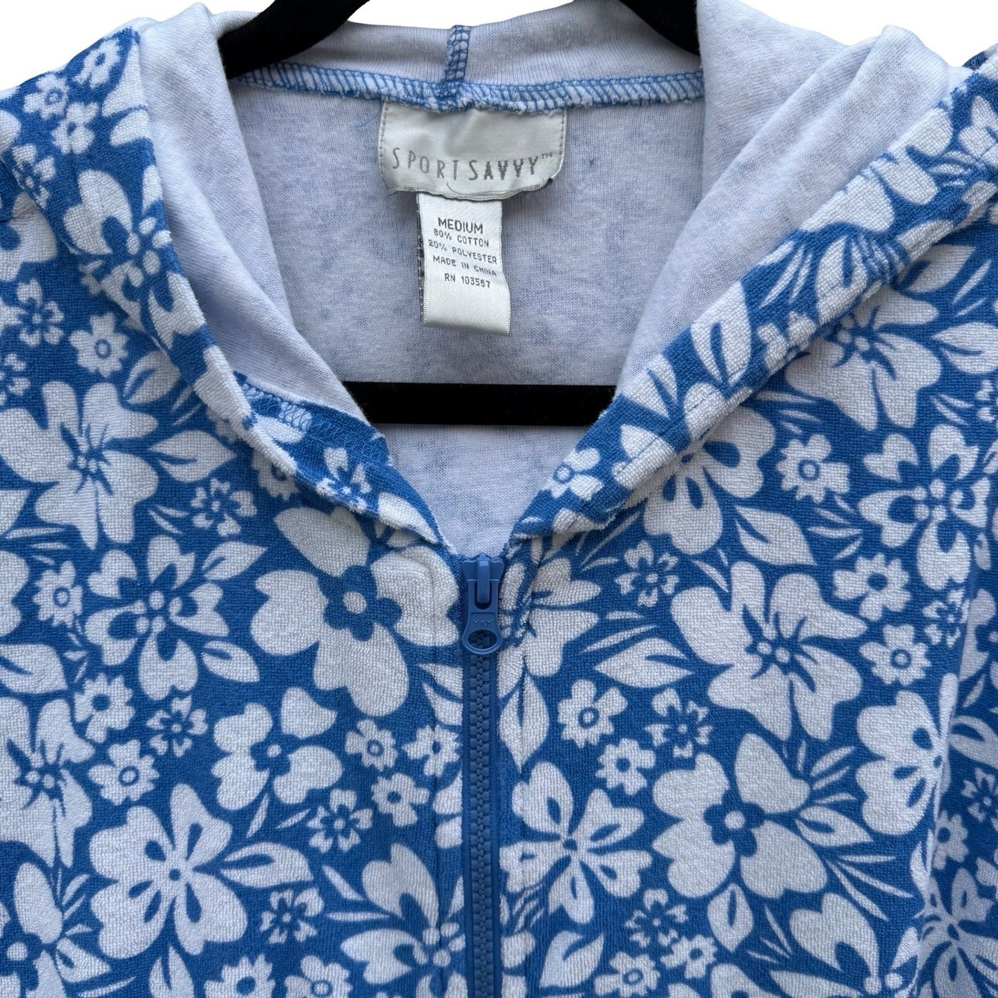 Sport Savvy Womens M Blue Floral Pool Beach Terry Cloth Zip Up Short Sleeve Hood