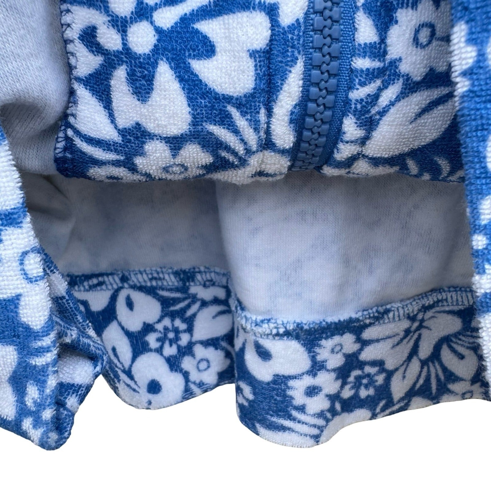 Sport Savvy Womens M Blue Floral Pool Beach Terry Cloth Zip Up Short Sleeve Hood