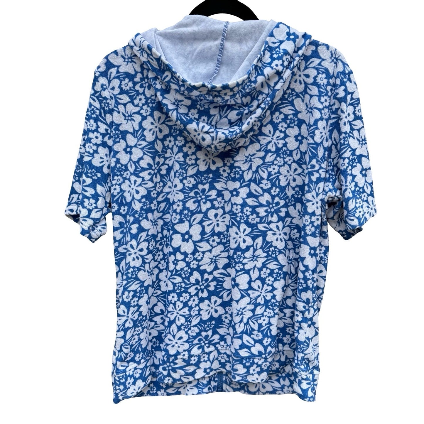 Sport Savvy Womens M Blue Floral Pool Beach Terry Cloth Zip Up Short Sleeve Hood