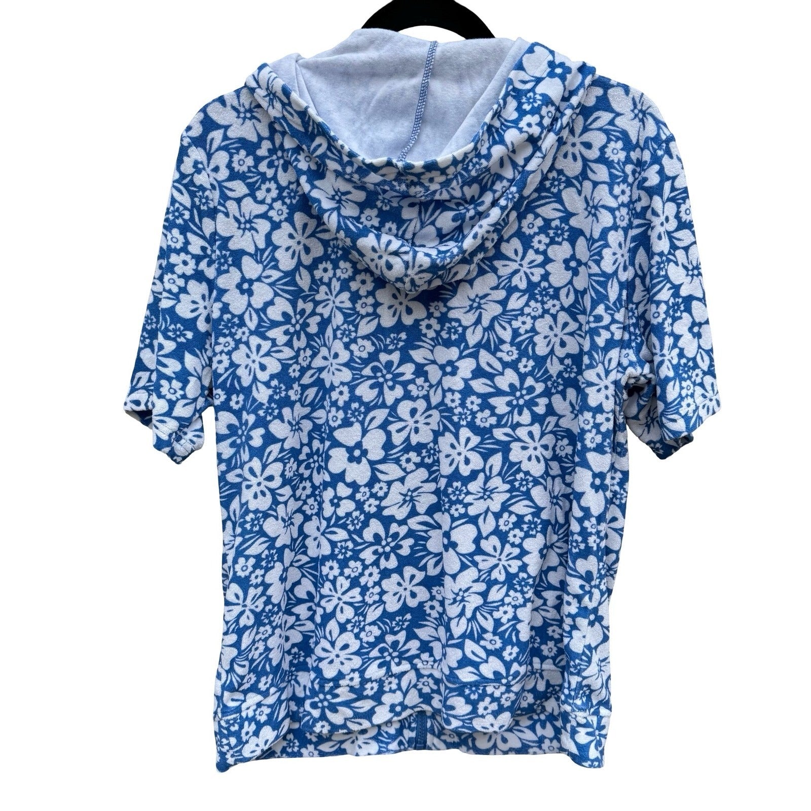 Sport Savvy Womens M Blue Floral Pool Beach Terry Cloth Zip Up Short Sleeve Hood