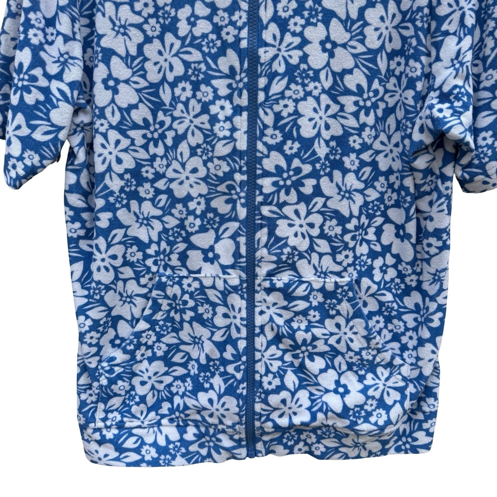 Sport Savvy Womens M Blue Floral Pool Beach Terry Cloth Zip Up Short Sleeve Hood