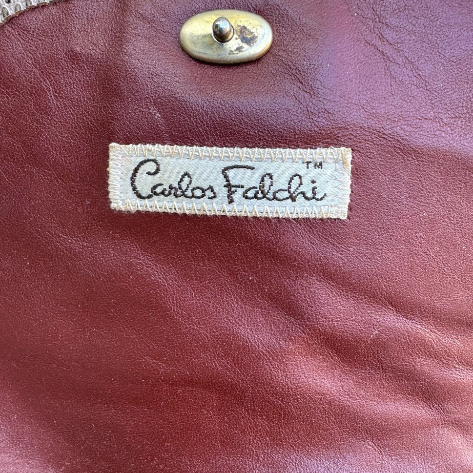 Carlos Falchi Tan Brown Snakeskin Leather Crossbody Bag Patchwork Snap Closure