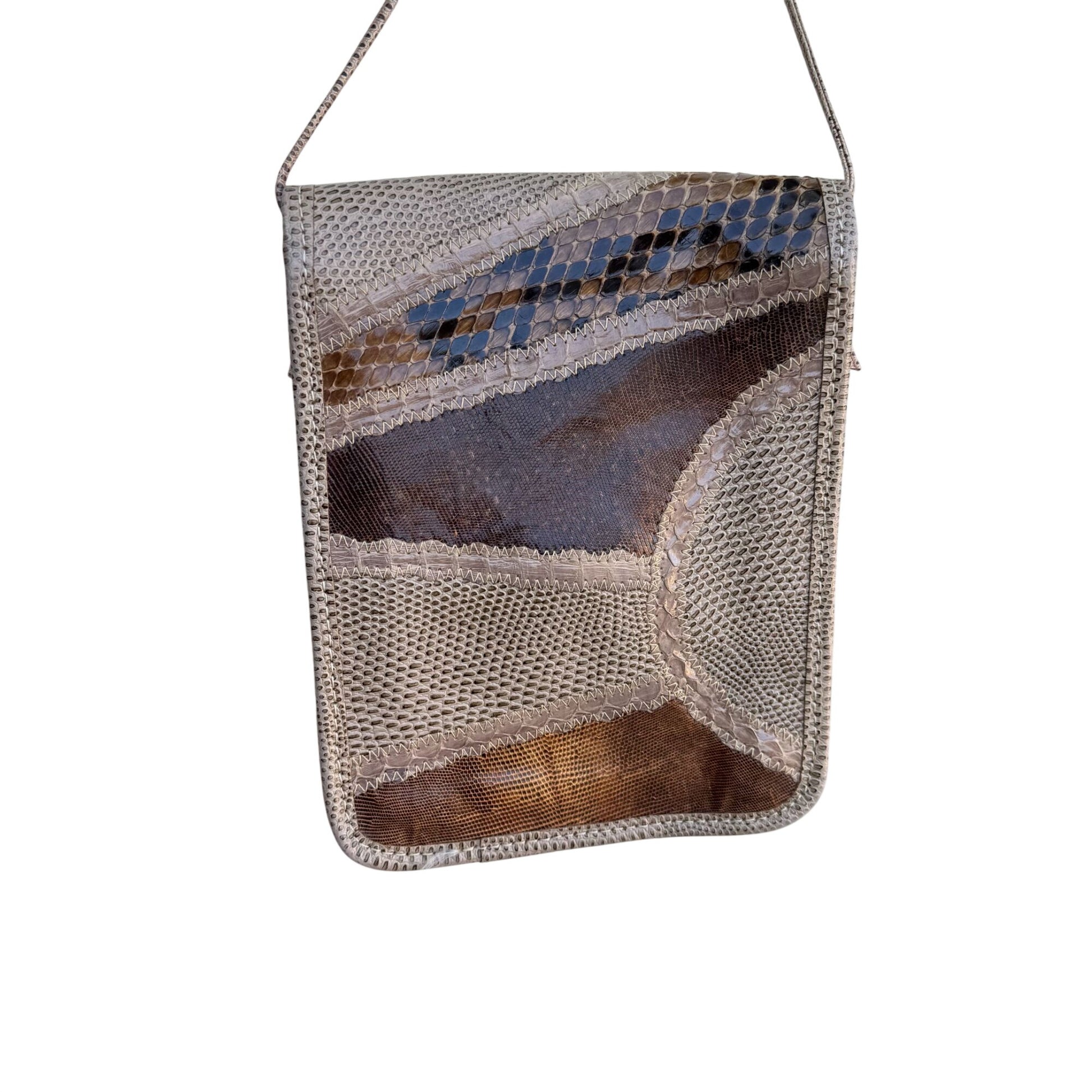 Carlos Falchi Tan Brown Snakeskin Leather Crossbody Bag Patchwork Snap Closure