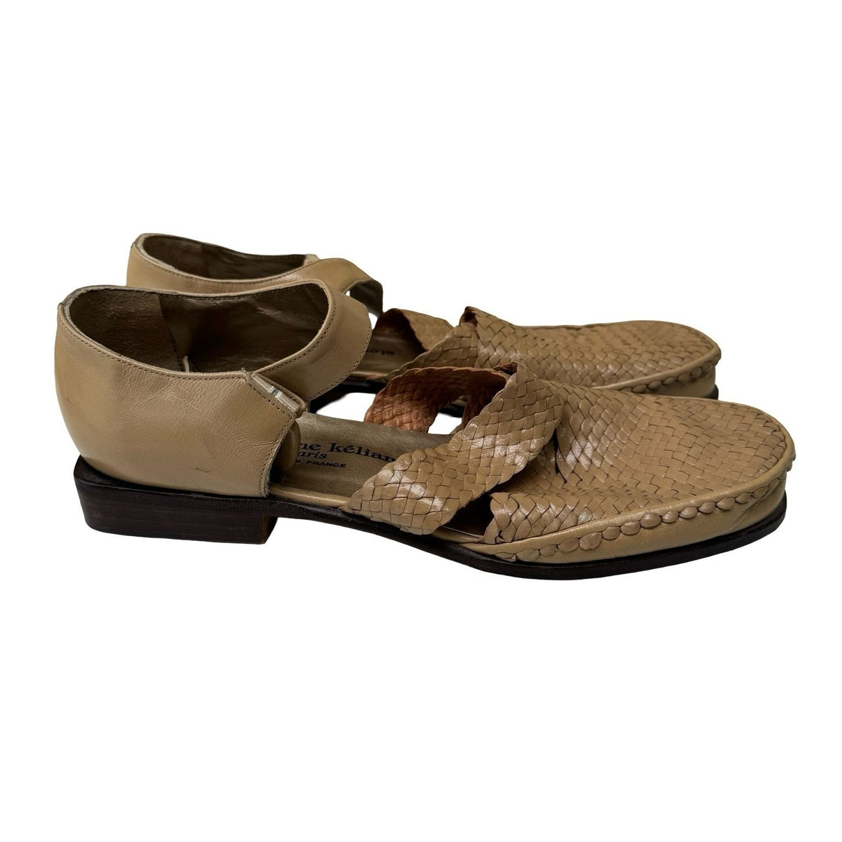 Stephane Kelian Woven French Leather Ankle Strap Parisian Sandals Tan Womens 7.5