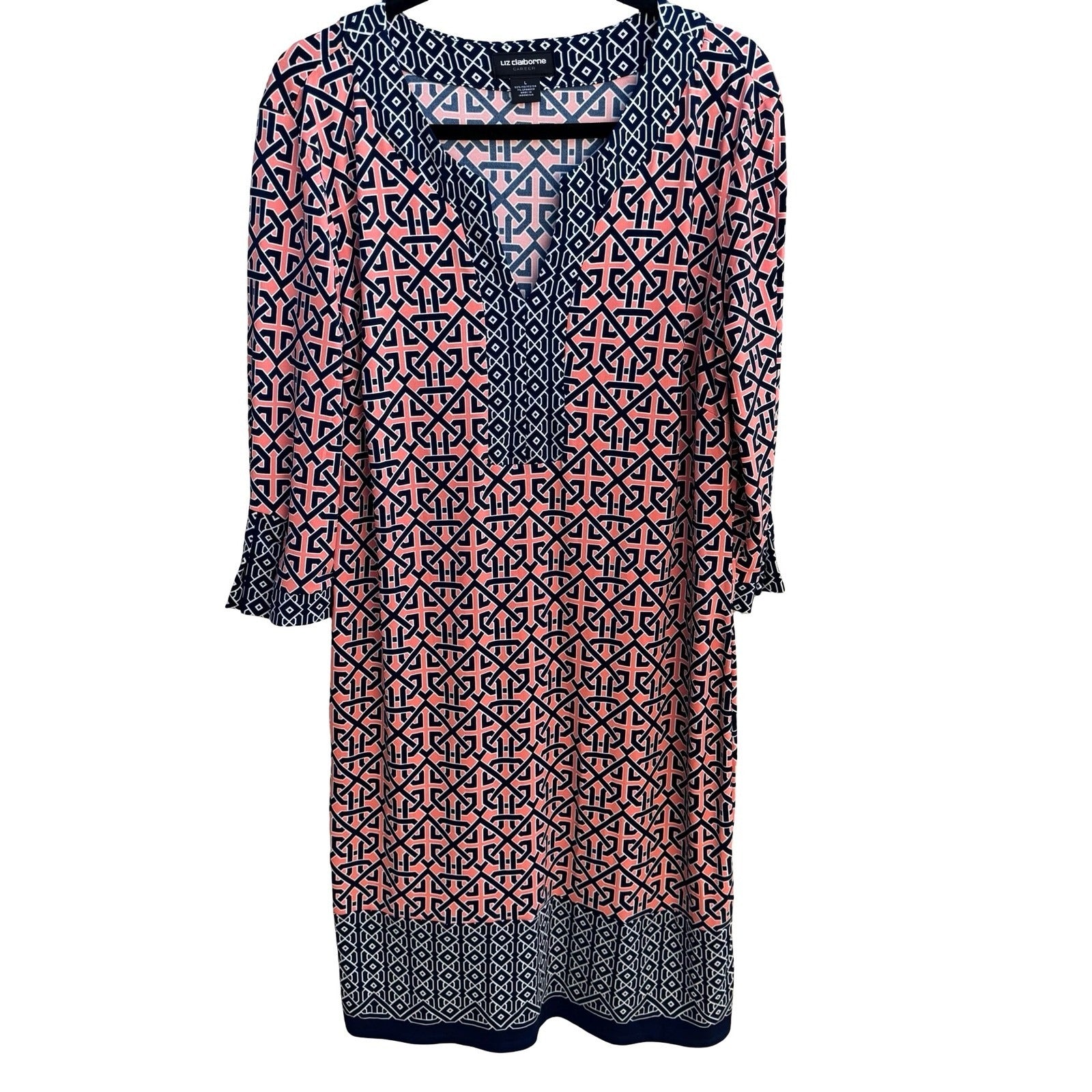 Liz Claiborne Careerwear Mod Preppy Geometric 3/4 Sleeve Jersey Shift Dress L