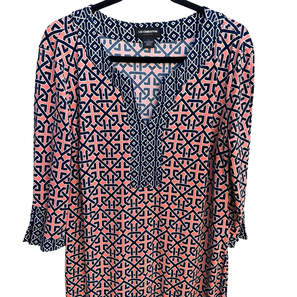 Liz Claiborne Careerwear Mod Preppy Geometric 3/4 Sleeve Jersey Shift Dress L