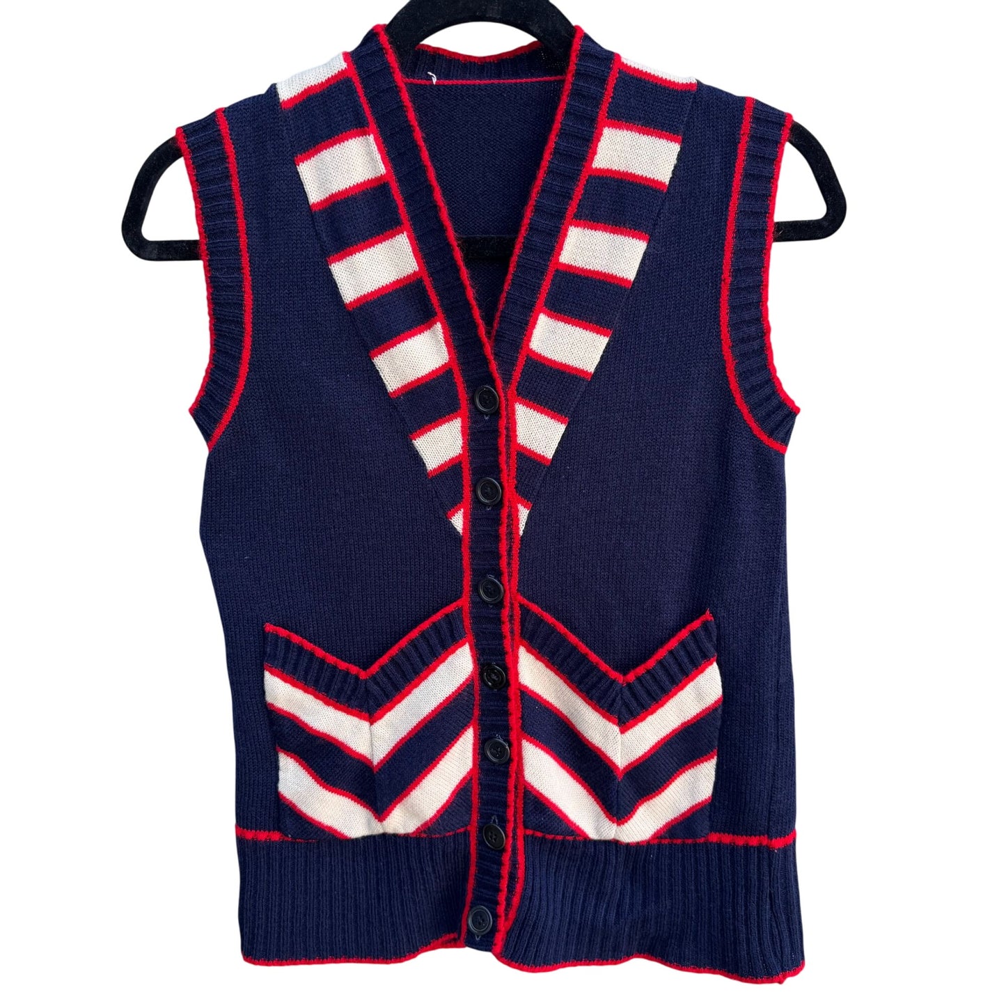 Vintage 60s Womens Navy Red Knit Striped Chevron Retro Sleeveless Sweater Vest