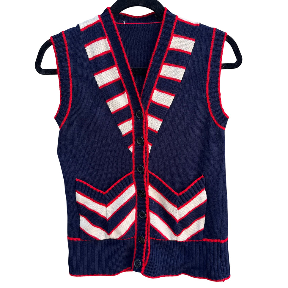 Vintage 60s Womens Navy Red Knit Striped Chevron Retro Sleeveless Sweater Vest