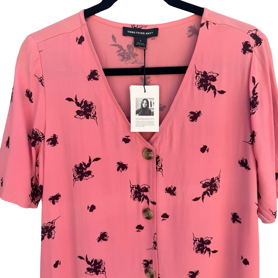 Something Navy Pink Floral Button Front V-Neck Short Sleeve Flowy Blouse S New