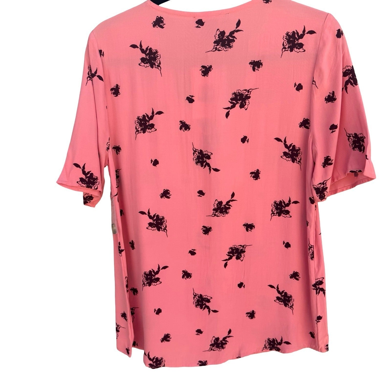 Something Navy Pink Floral Button Front V-Neck Short Sleeve Flowy Blouse S New