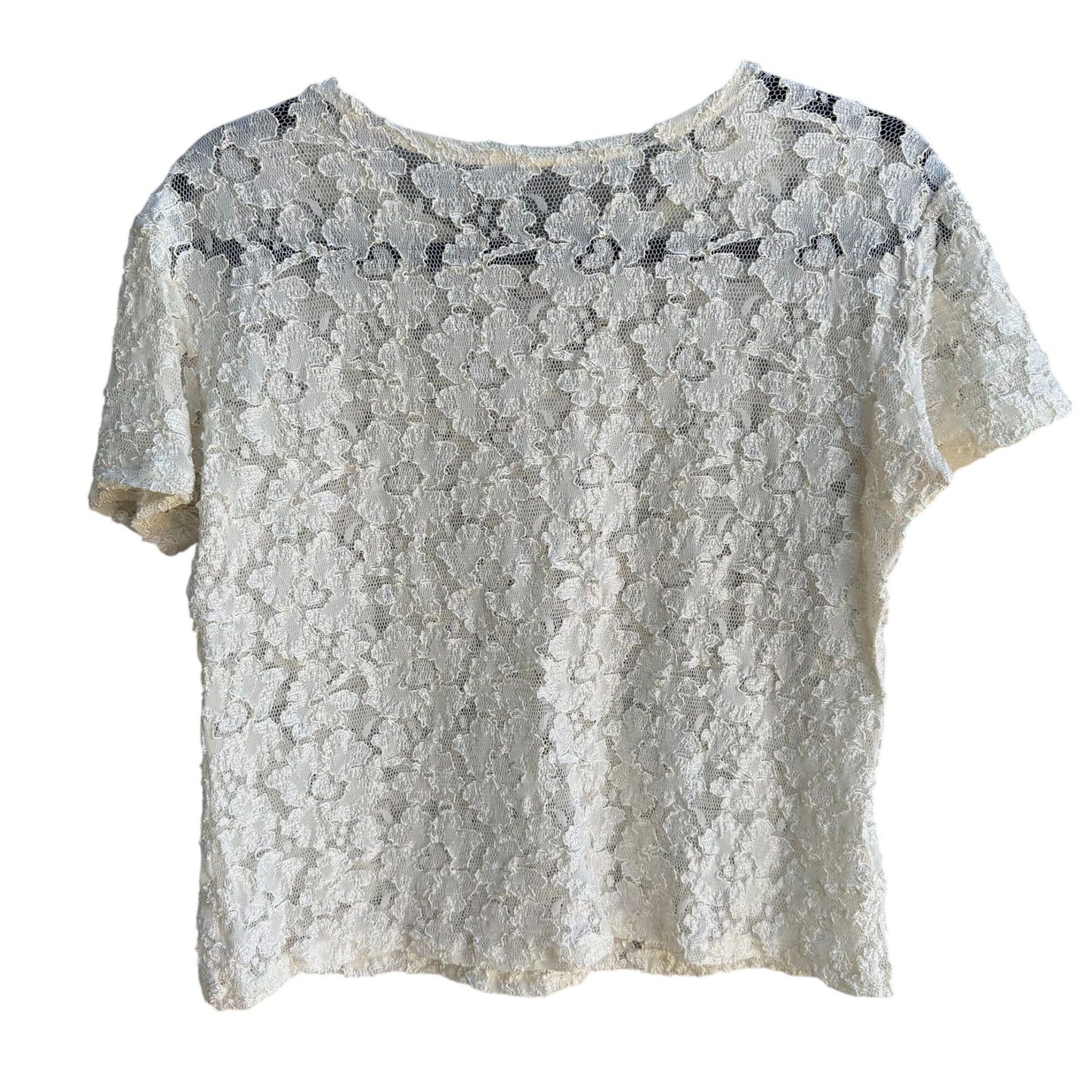 Vintage Y2K Womens Babydoll Ivory Stretch Lace Short Sleeve Semi Sheer Crop Top