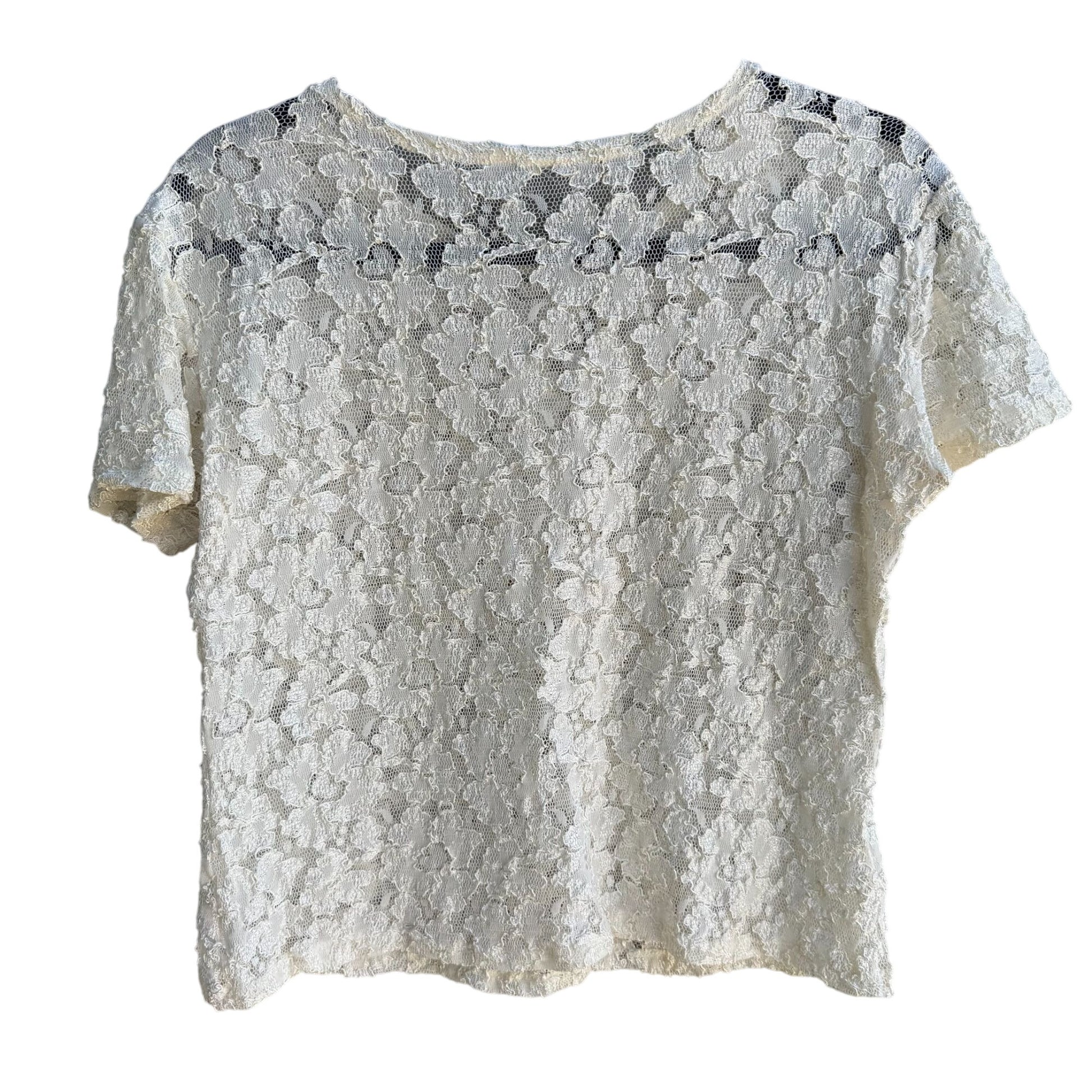 Vintage Y2K Womens Babydoll Ivory Stretch Lace Short Sleeve Semi Sheer Crop Top